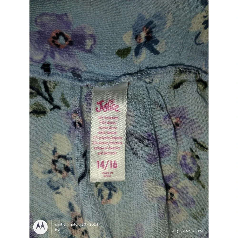 Justice Girls Blue Floral Crop Top Square Neck Lace Trim Size 14/16 NWOT